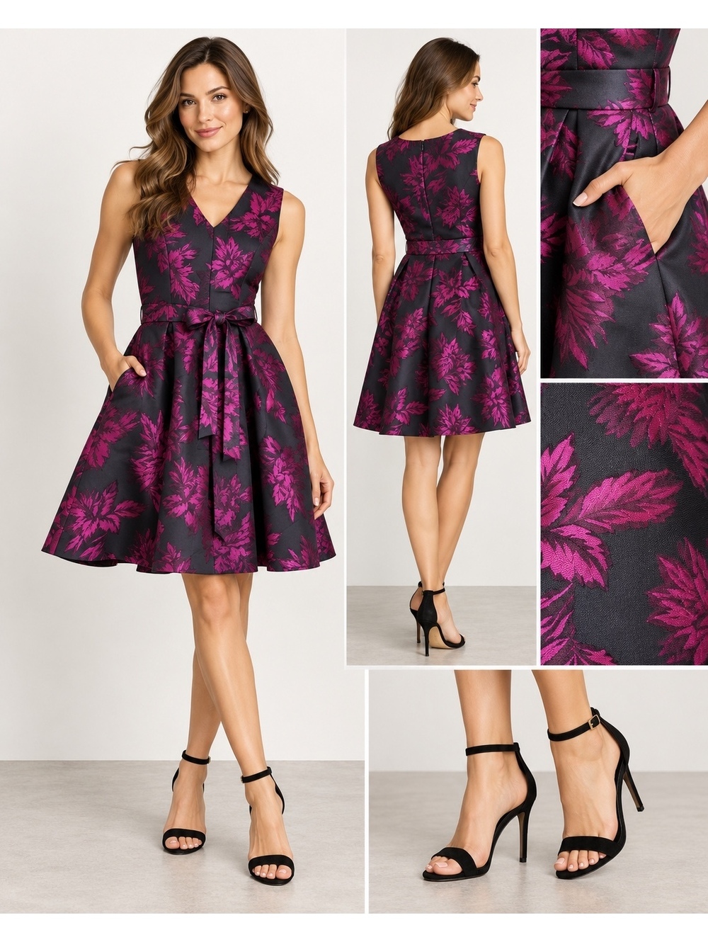 Spanner NWT Navy Mauve Floral Jacquard Fit & Flare Dress S Pockets